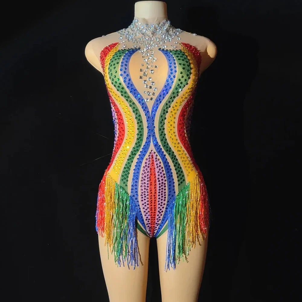 Frauen bunte Regenbogen Quaste Mesh Trikot Strass Perspektive Fransen Bodysuit Bühnen outfit tragen Performance Tanz kostüm