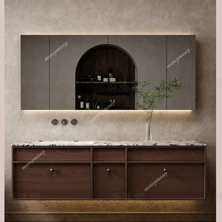 Medieval marble luxury stone ceramic integrated basin bathroom cabinet combination bathroom washstand customization
