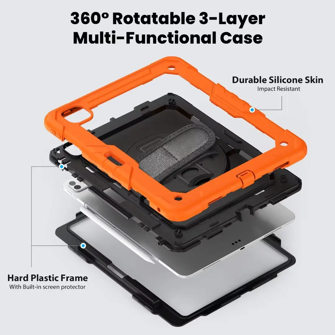 PC Case for iPad Pro Air Mini 4 5 6 7 10.2 10.5 10.9 9.7 ,360 Rotation Hand Shoulder Strap 3 Layer Multifunctional Case