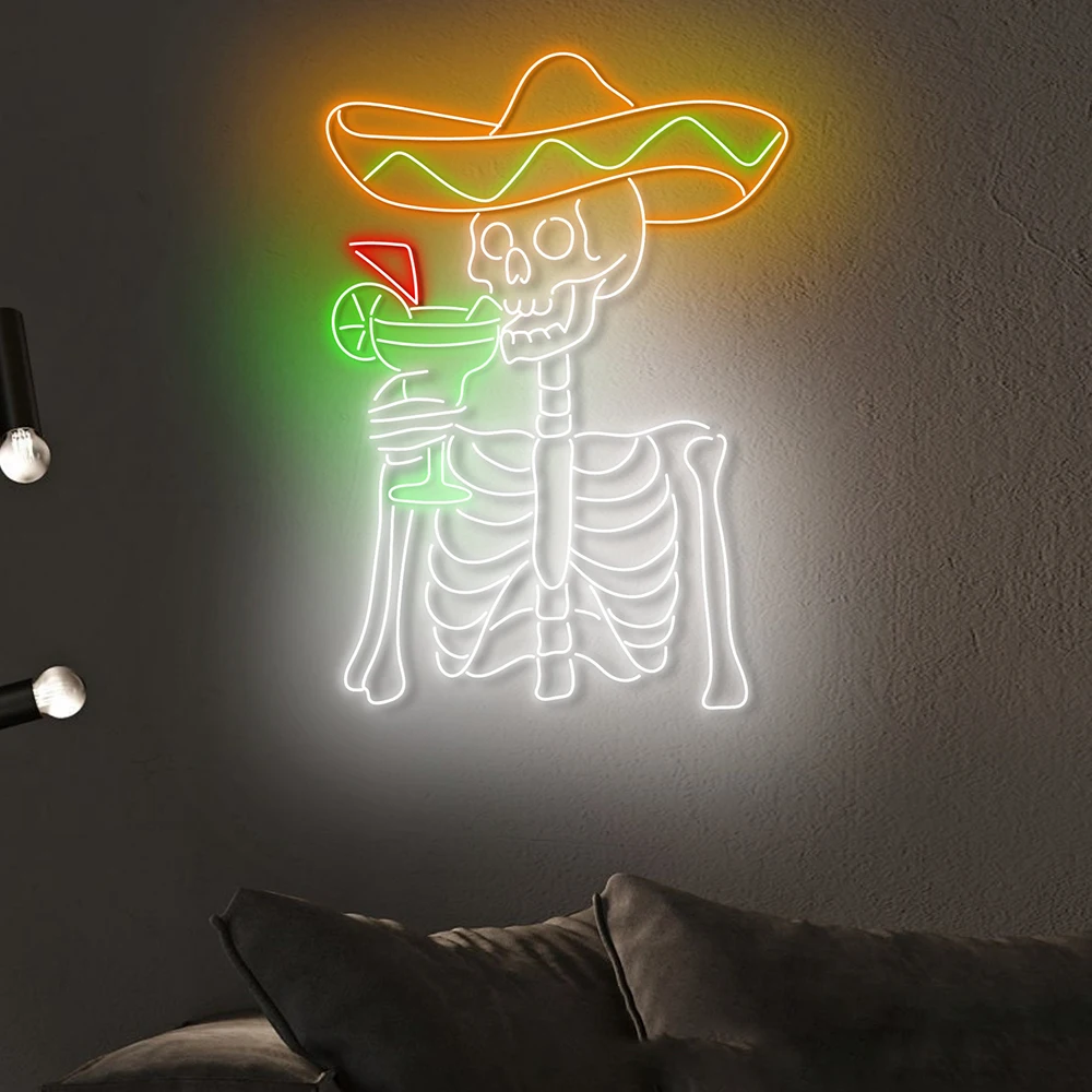 Mexican Skeleton Drinking Tequila Neon Sign for Mexican Party Event Decor Led Sign Tequila Cocktail Bar Pub Wall Art Neon Light