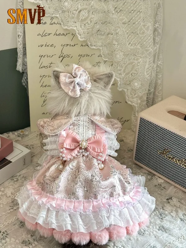 

Original Design Sparkling Diamond Pearl Butterfly Decorative Lolita Style Pet Kitten Small Dog Dress