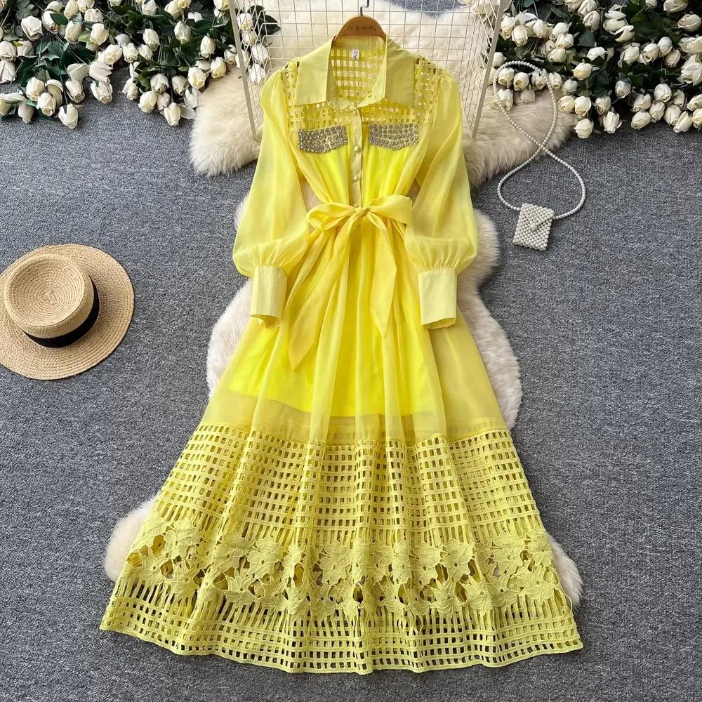 

Hollow Out Beaded Chiffon Shirt Dress Women's Lapel Lantern Sleeve Sahes Lace Up Holiday Party Long Robes Maxi Vestidos