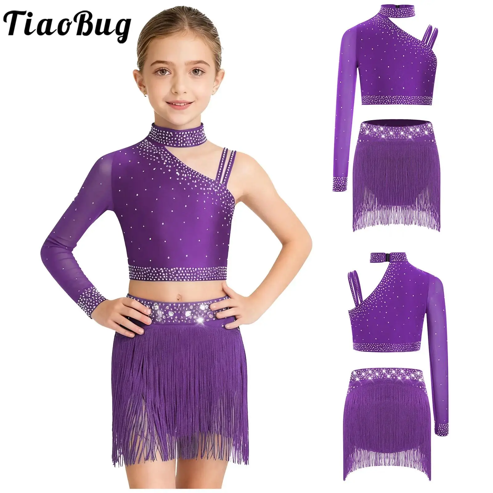 Little Girls Lyrical Latin Jazz Dance Show Performance Outfit Sparkly Rhinestone Unique Irregular Shoulder Crop Top Fringe Pants