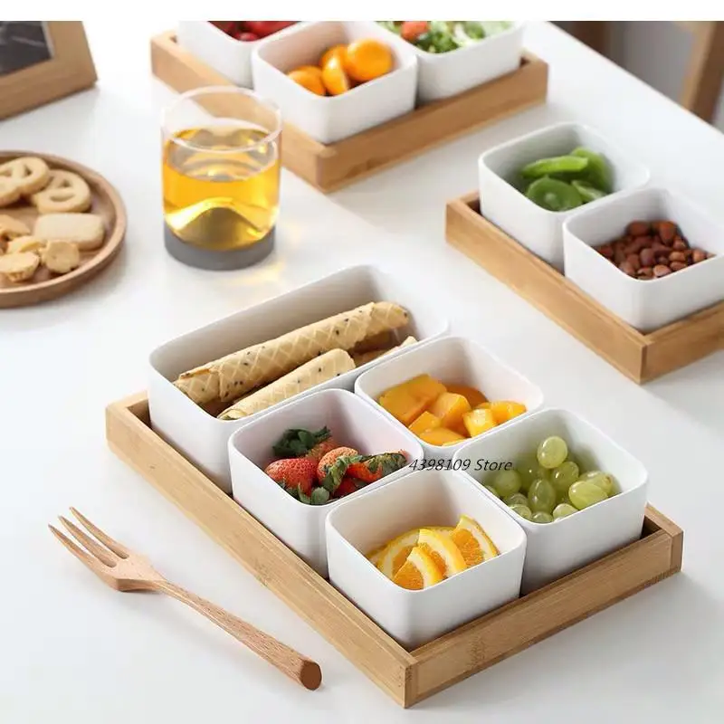 Japanese Ceramic Fruit Plate Dessert Pudding Bowl Natural Bamboo Wood Tray Candy Snack Storage Food Compartment Salad