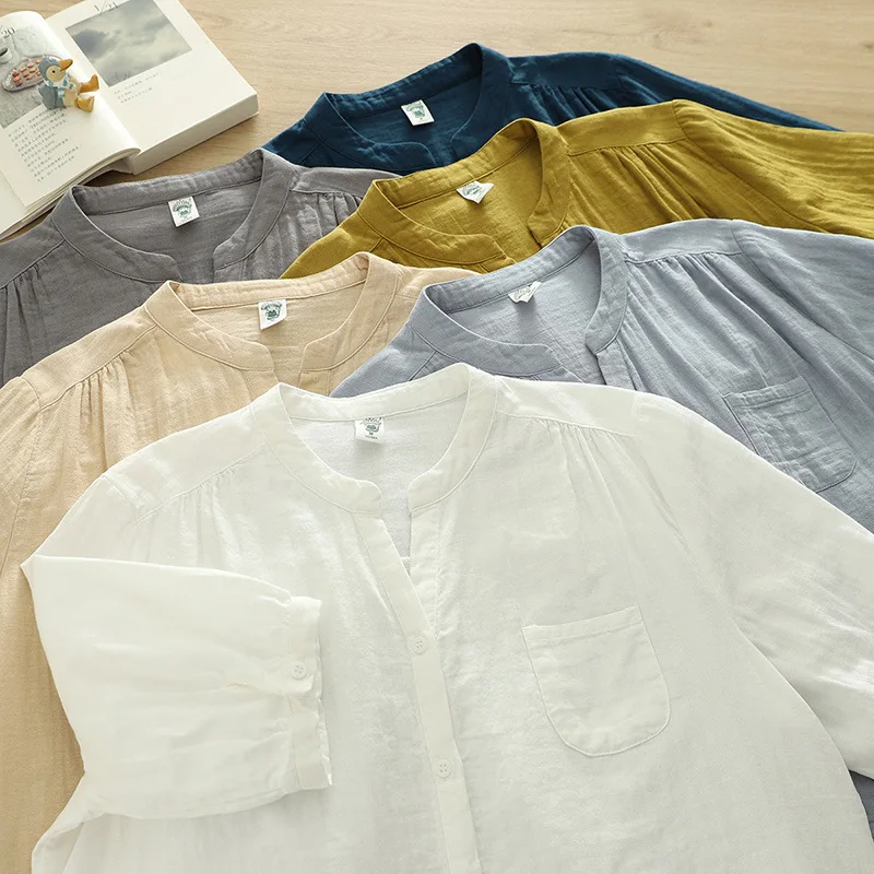 New 2025 Summer Cotton Yarn Half Sleeve Shirt, Women V Neck Solid, Mori Girl Soft Breathable Versatile Loose Blouse T55369CC