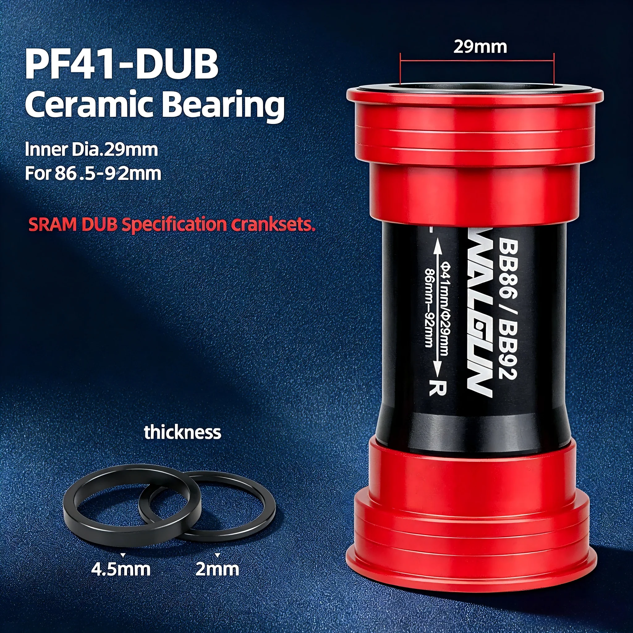 

WALGUN PF41-DUB Press Fit Bottom Bracket Ceramic Bearing 86.5-92mm 29mm DUB Spindle 12Speed MTB Road Bike Parts