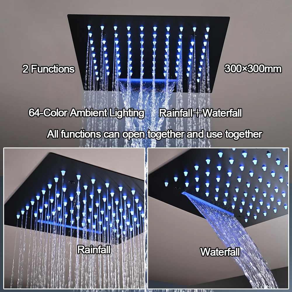 M Boenn 12 Inch Shower Head Luxurious 2 Functions Waterfall Showerhead Bathroom Ceiling Smart LED Lighting Rainfall Shower Panel