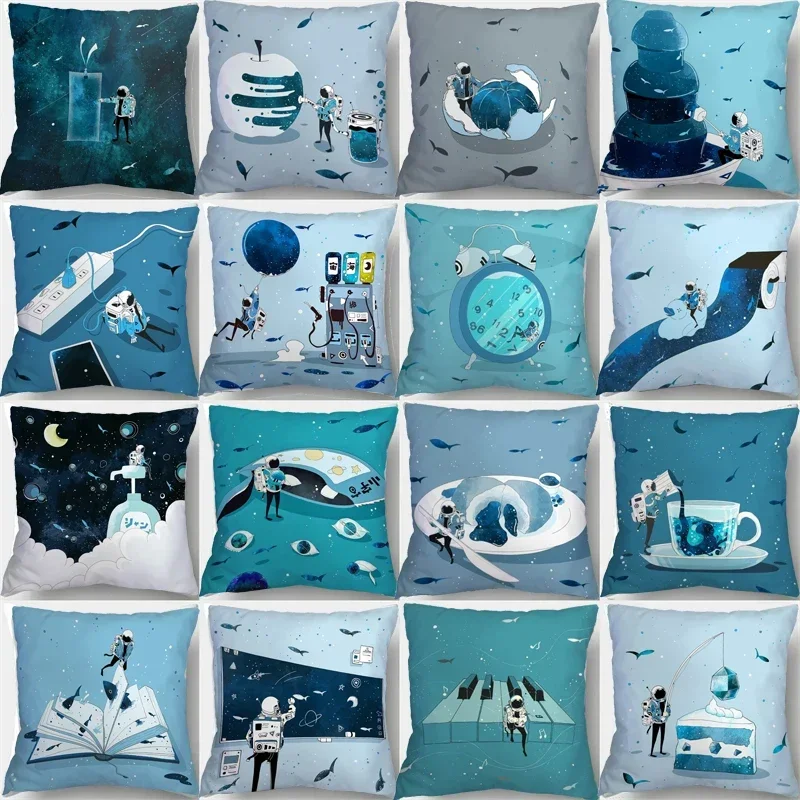 45x45cm Ins Spaceman astronaut pillowcase creative teal blue cushion cover custom Sea World fish animal sofa throw