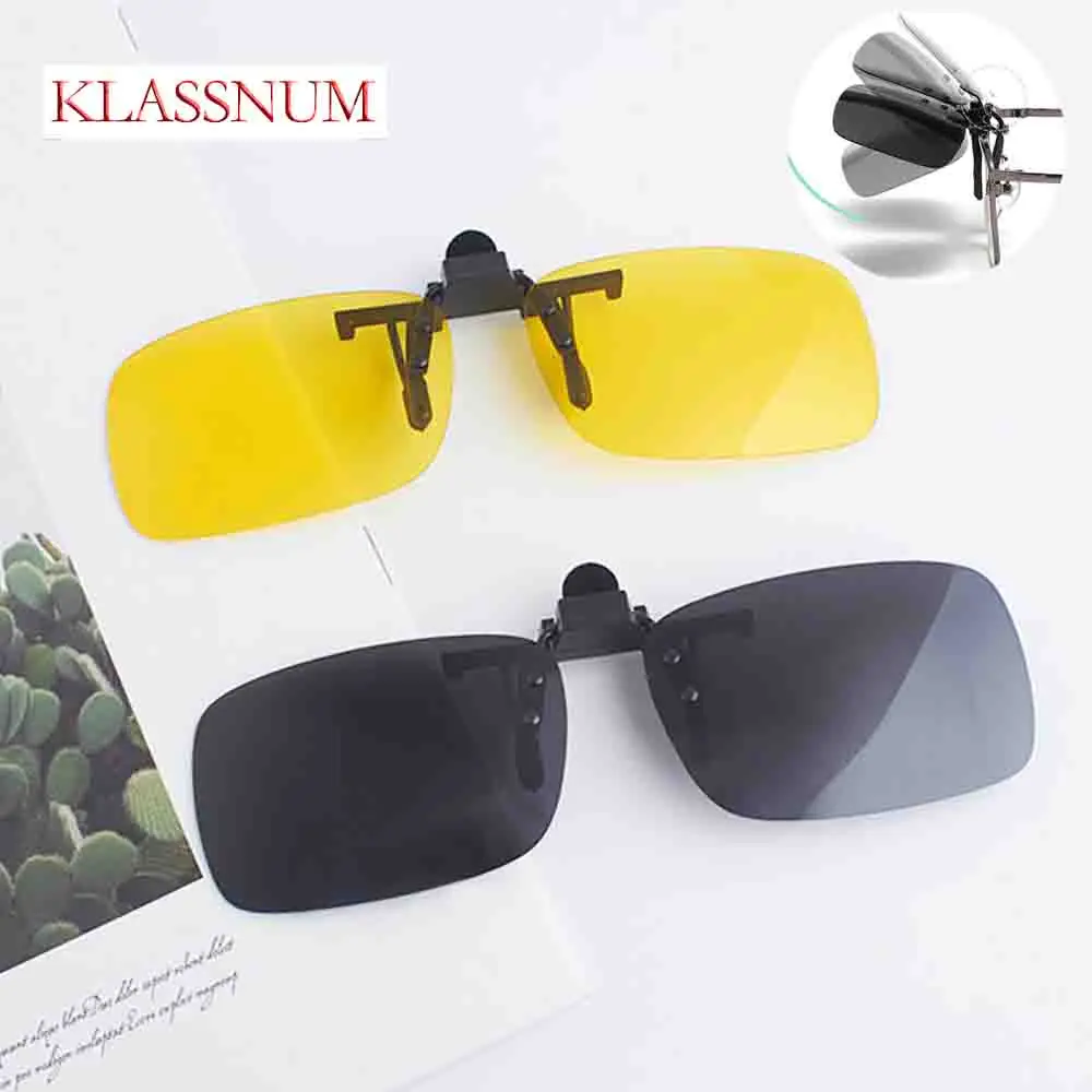 

KLASSNUM Rimless Clip On Sunglasses Men Yellow Night Vision Driving glasses Classic Anti Glare HD Polarizing lens Clip Sunnies