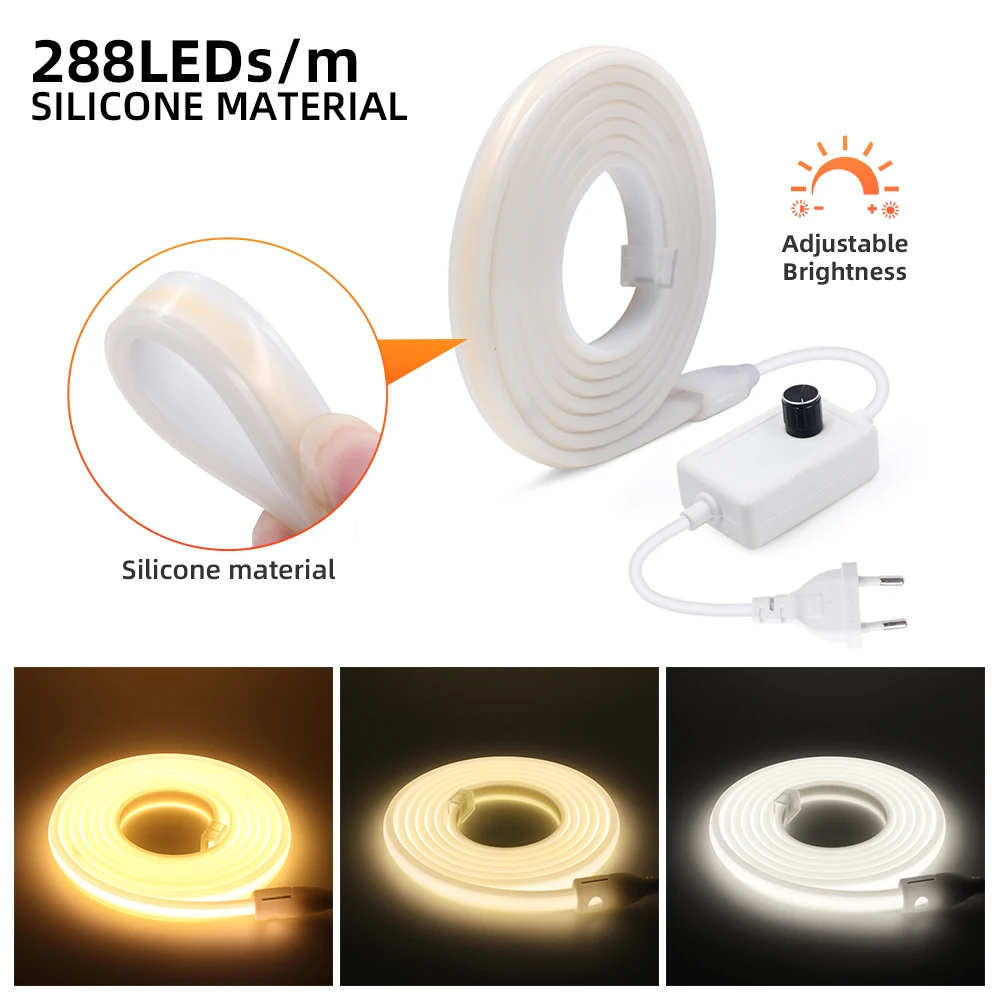 Cob pode ser escurecido led sinal de tira luz de néon 220v ra90 impermeável ao ar livre jardim lâmpada fita fob para quarto closet backlight