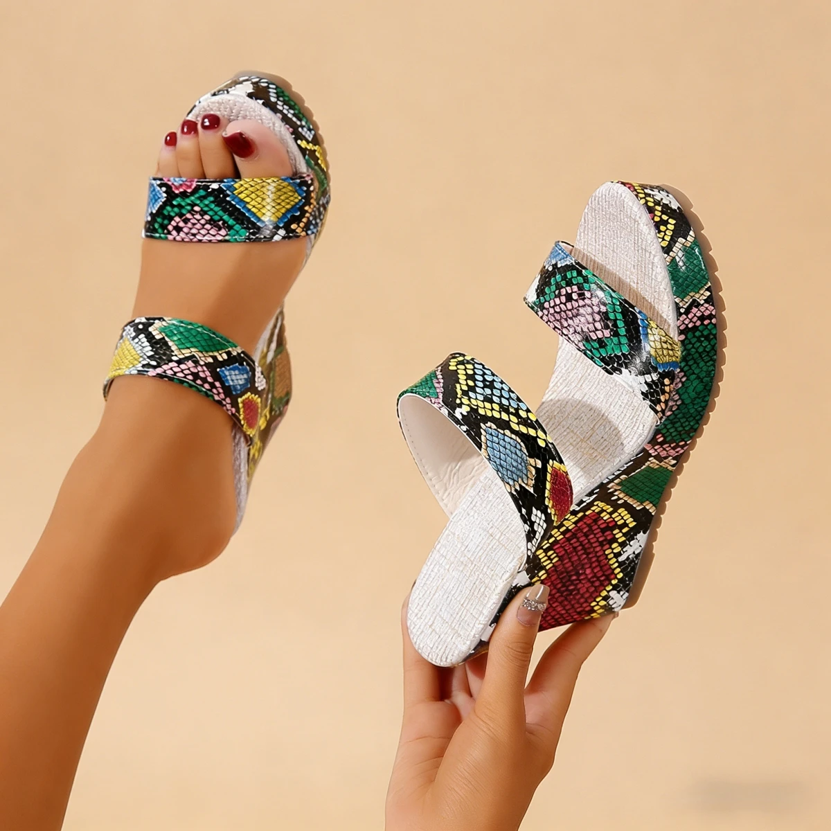 Women Sandals Summer Thick Heel Sandals Snake Pattern Large Size Wedge Shoes Fashionable Rubber Upgraded Version Shoes Women