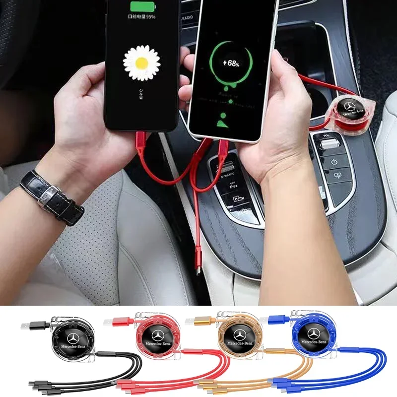 3 In 1 Data Cable Scalable Phone Fast Charging Cable Car Accessories For Mercedes Benz AMG A B R G Class GLK GLA CLA GLB GLC GLA