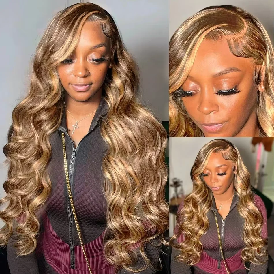 P4/27 Body Wave Wigs 220% Density Highlight Colored 13x6 HD Transparent Lace 13x4  Full Frontal Wigs For Women Human Hair 24 32  Inch