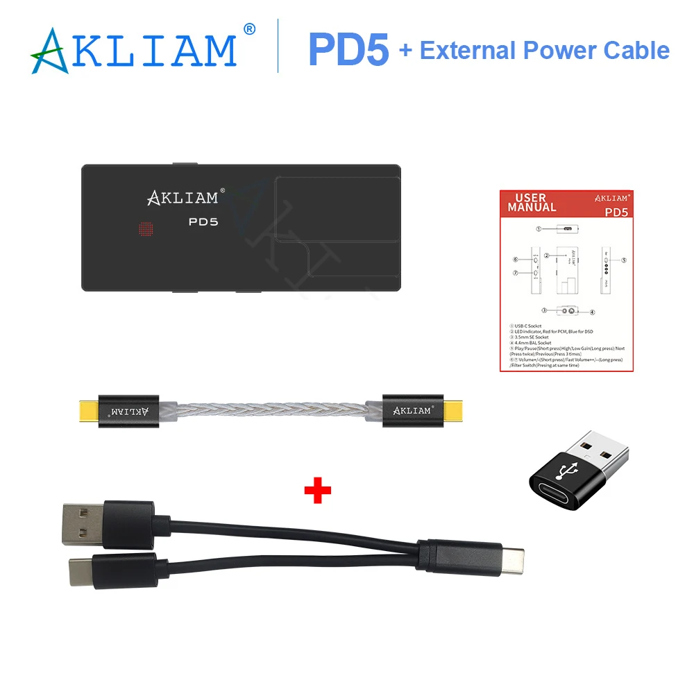 AkLIAM PD5 AK4493SEQ USB Dac & Amp with External Power Cable PCM768KHz DSD512 USB C Decoder Balanced Mini Headphone Amplifier