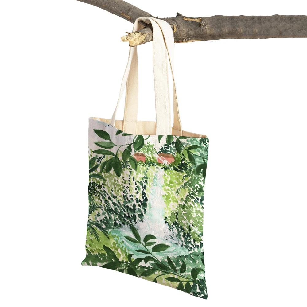 Woman Vase Tropical Plant Canvas Supermarket Shopper Bag Tote Handbag Fashion Cartoon Beautiful Lady Reusable Shopping Bags