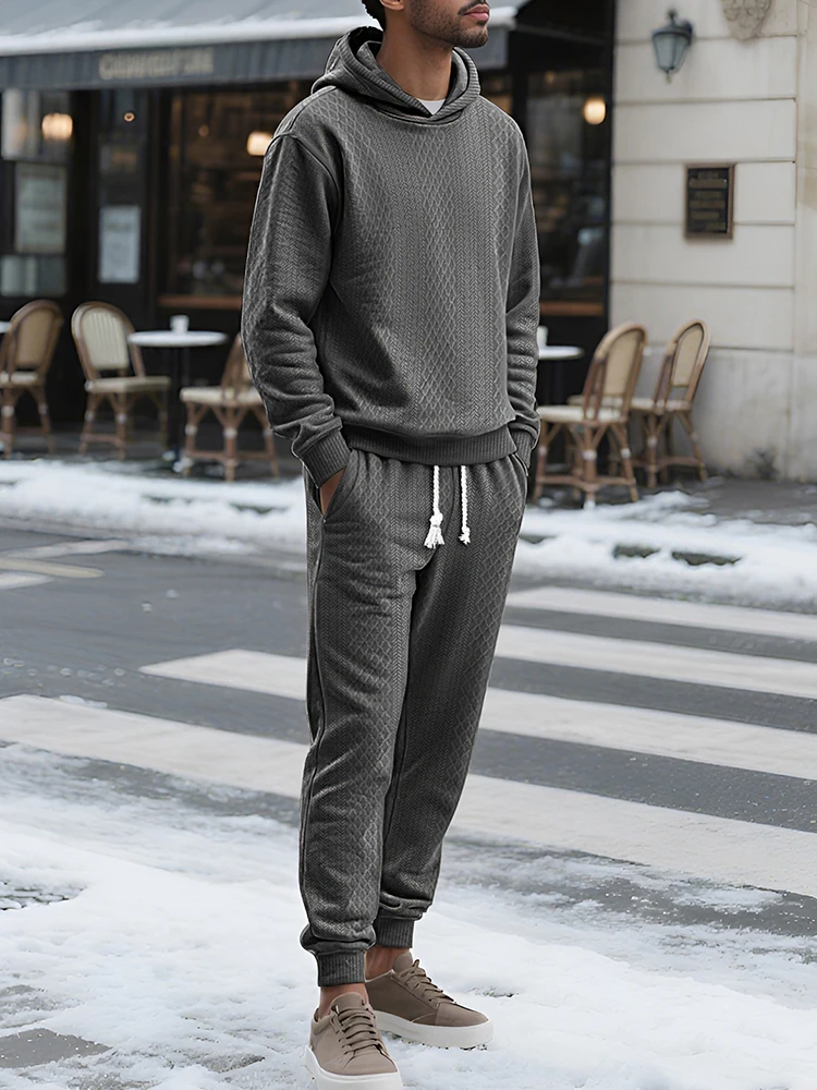 Chándales para deportes al aire libre para hombre, sudaderas con capucha y pantalones de manga larga con textura a la moda, trajes de dos piezas, trajes informales para Otoño e Invierno para hombre