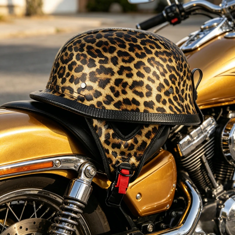 

Half Face helmet Leopard Print Leather DOT Certification Lightweight Skull Cap Open Face Motorbike Helmet for Scooter Moped