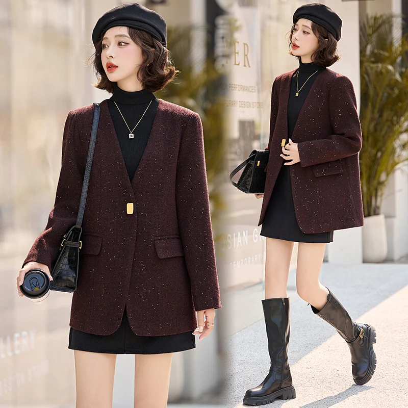 

Модный шерстяной блейзер 2026 года: женский шерстяной пиджак с пайетками, V-образным вырезом, для офиса и повседневной носки, осенне-зимняя верхняя одежда, женские топы
