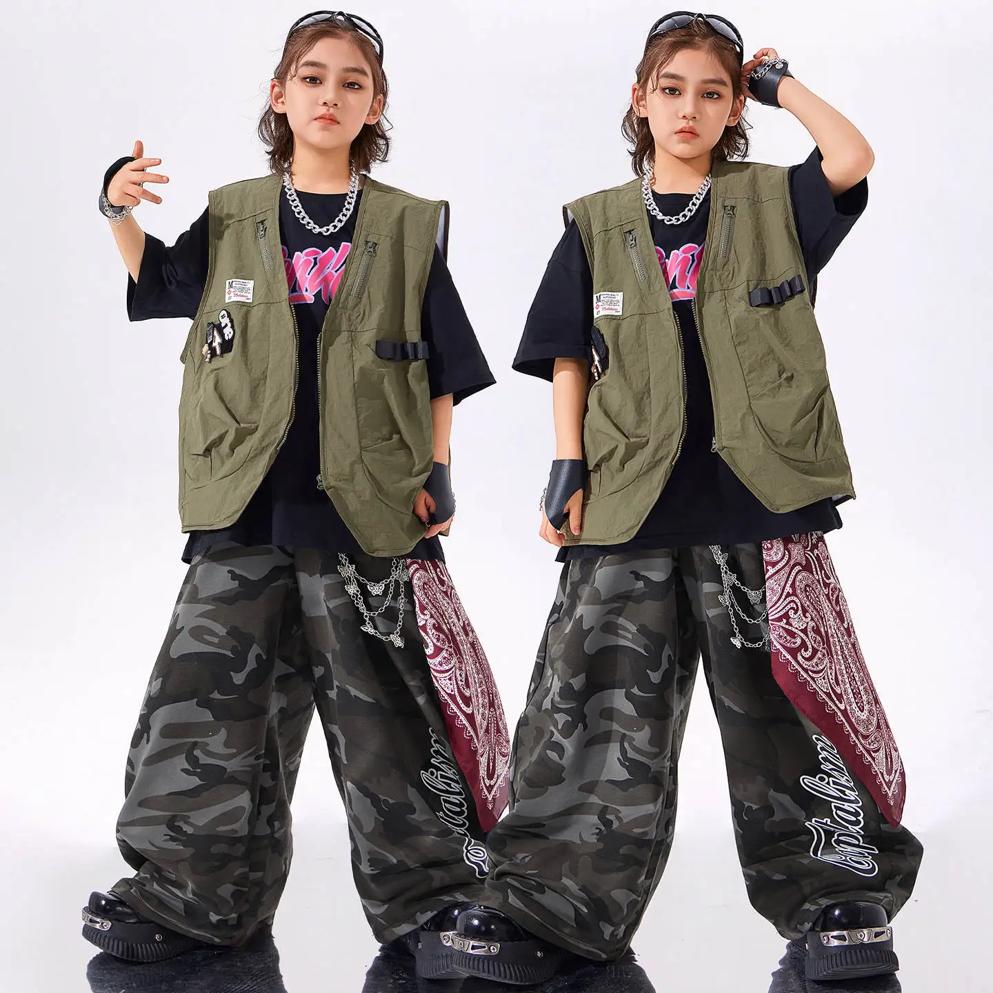 

Костюм для танцев в стиле хип-хоп для мальчиков, жилет цвета хаки + камуфляжные широкие брюки, детский костюм для соревнований по уличным танцам