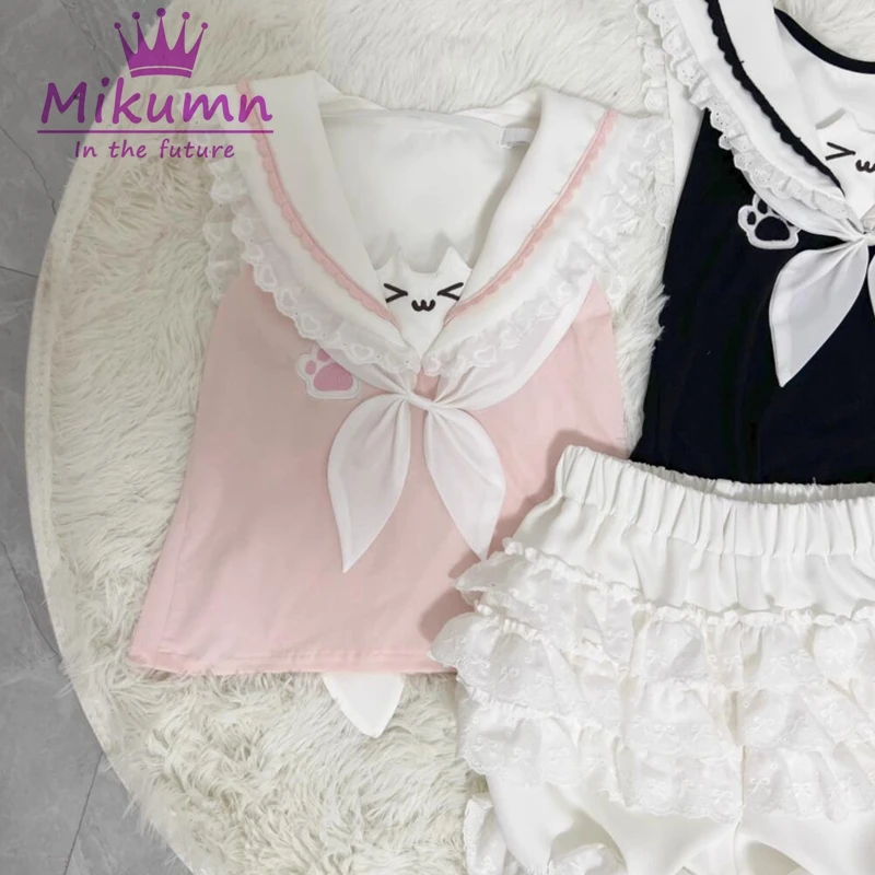 Mikumn Harajuku Kawaii Cat Cartoon Lolita Style T Shirt Girls Y2k Lace Rabbit Ears Slim Crop Top Tees Fairy Grunge Cute T-shirts