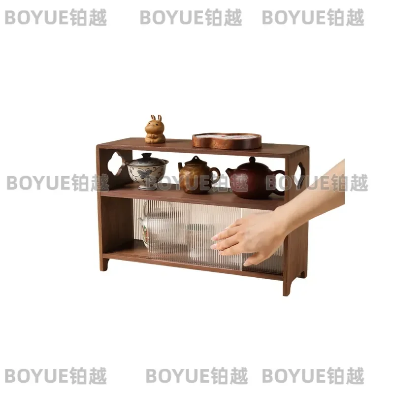 Solid Wood Tea Set Storage Cabinet Walnut Cup Rack Shelf Chinese Style Desktop Organizer for Teaware Display Stand Furniture