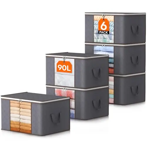 

Большие сумки для хранения Lifewit 90L, набор из 6 органайзеров для шкафа и контейнеров для хранения, коробки для хранения одежды с крышками, складные контейнеры для хранения