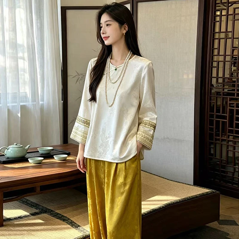 New Chinese Style Heavy Embroidery round Neck Asymmetrical Hem Top Wide Leg Pants Set Autumn Fashion Ladies Traditional Costume