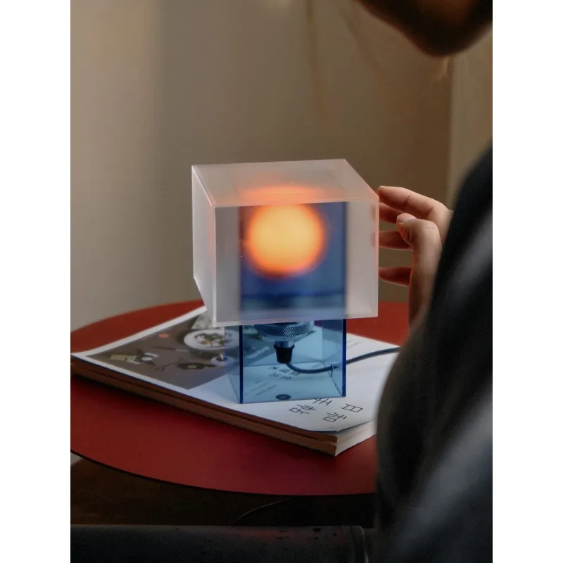 Decorative desk lamp, floating art creative transparent square desktop atmosphere lamp, modern simple bedroom bedside