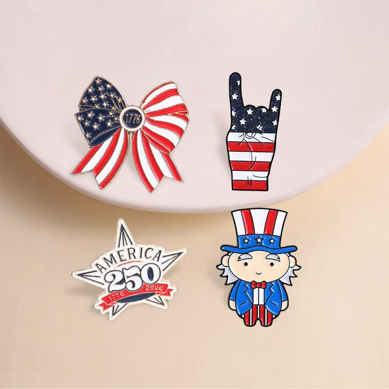 USA Independence Day Enamel Pins 1776 Flag Bowkont Rock Gesture Uncle Sam Celebrate Brooch Lapel Badges Jewelry Gifts for Friend