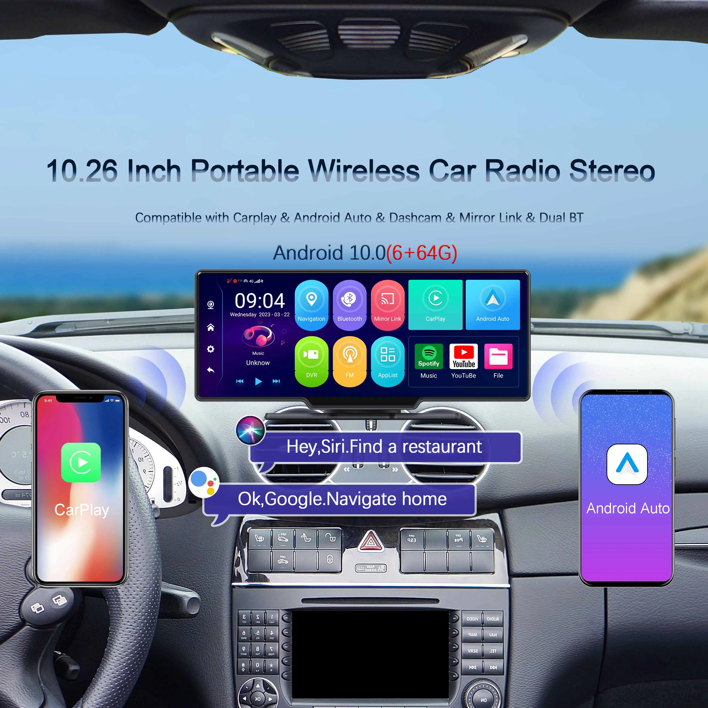 2024 New 10.26 inch Android 10 4+64G Wireless Carplay Car Dual Lens Dashcam 1080P Support 3G/4G Sim Card Car Radio Mp5 Player