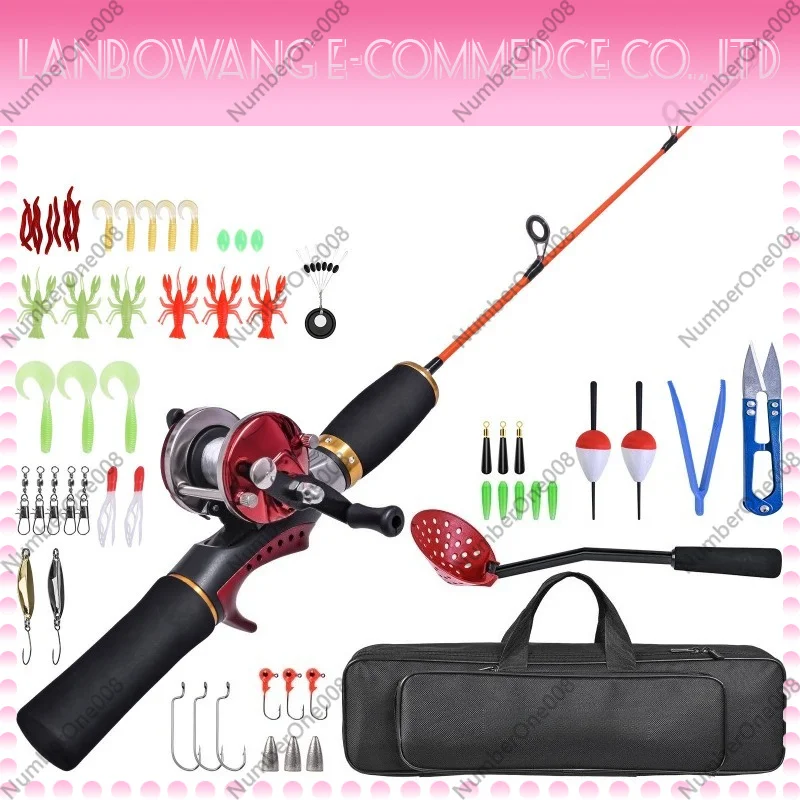 LEO 28203 50cm Red Ice Fishing Rod Combo with Drum Reel Lure Set Complete Ice Fishing Raft Fishing Gear