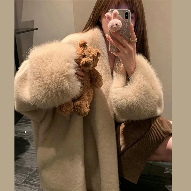 Elegant Women Open Front Faux Mink Fur Coat V‑neck Oversized Loose Fluffy Plush Jacket Wide Cuff Warm Casual Furry Outerwear - view 3