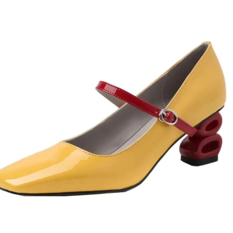 2026 New Style Leather French Square-Toe Low-Cut Mary Jane Shoes - Fashionable Color Combination High Heels Single Shoes