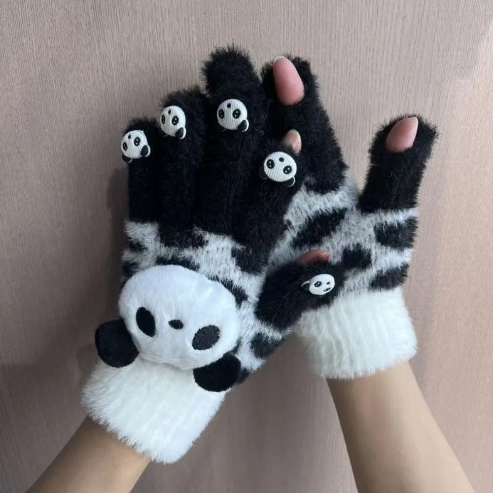 1pair Hand Gloves Winter Gloves Open Fingertips Thickened Warm Touchscreen Gloves Panda Pattern Knit Fabric