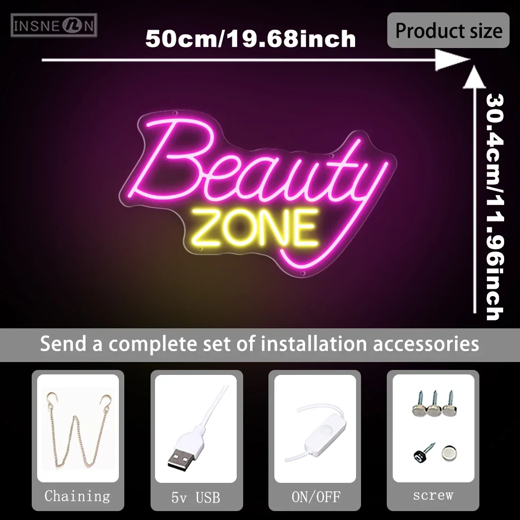 Beauty Zone-Signalisation Néon LED pour Salon de miles, Signes d'Affaires Shoes, Salon de Coiffure, Décoration Murale Lumineuse