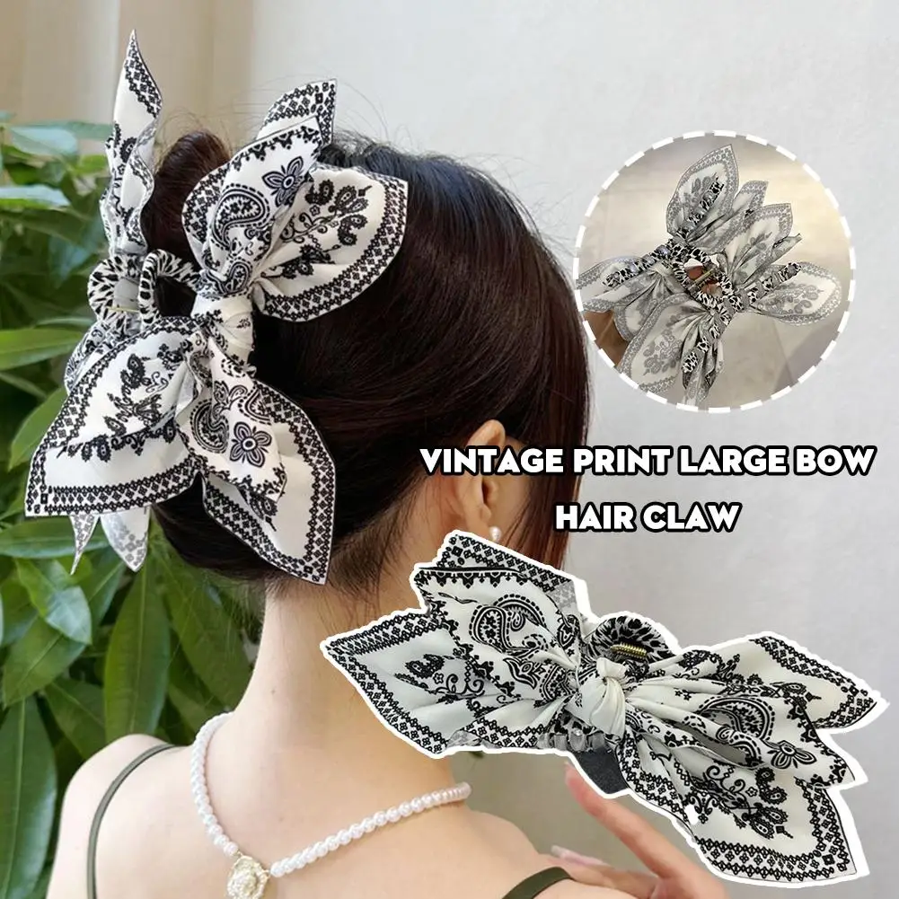 Vintage Print Large Bow Hair Claw High-Grade Ink Painting Clip Ponytail Holder Women Girls Shark Hair Accessories Korean E9N3