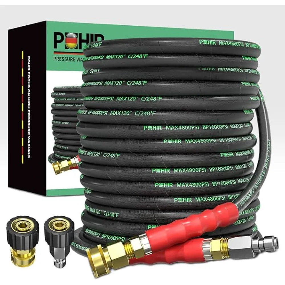 Pressure Washer Hose 100 ft Cold Hot Water 248°F End Quick Connect 4800psi Kink Resistant Industrial Grade Steel Wire Braided