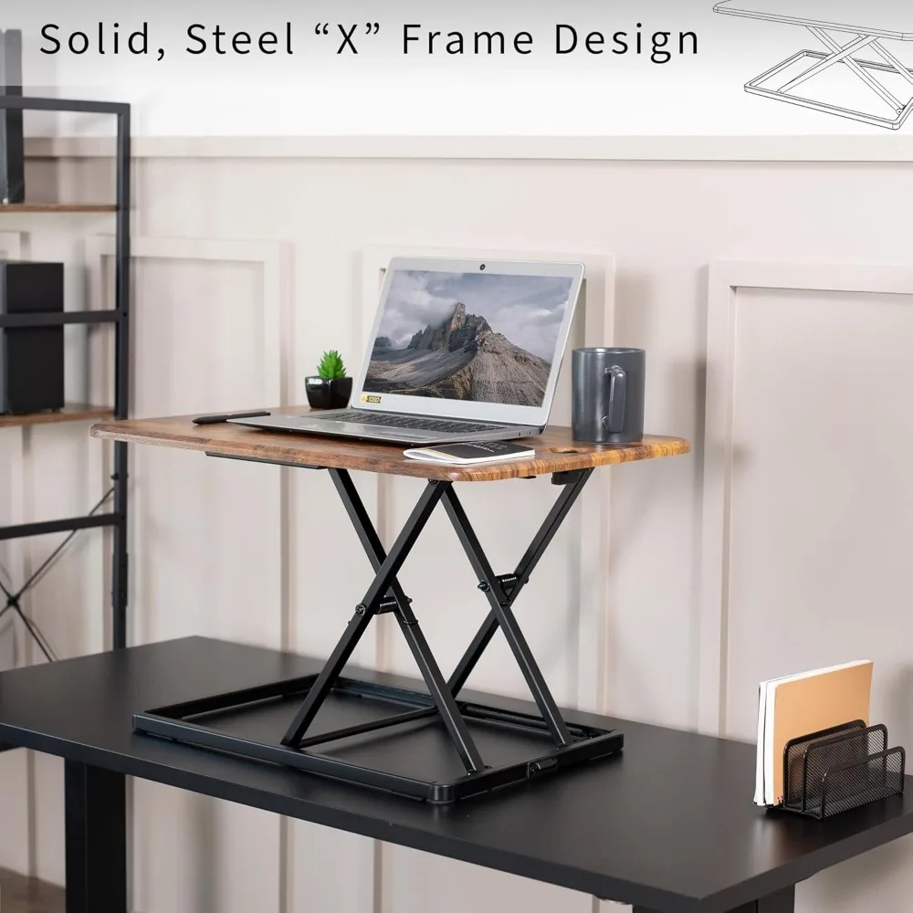 Ultra-Slim Single Top Height Adjustable Standing Desk Riser, Compact Sit Stand Desktop Converter for Monitor or Laptop, Rustic