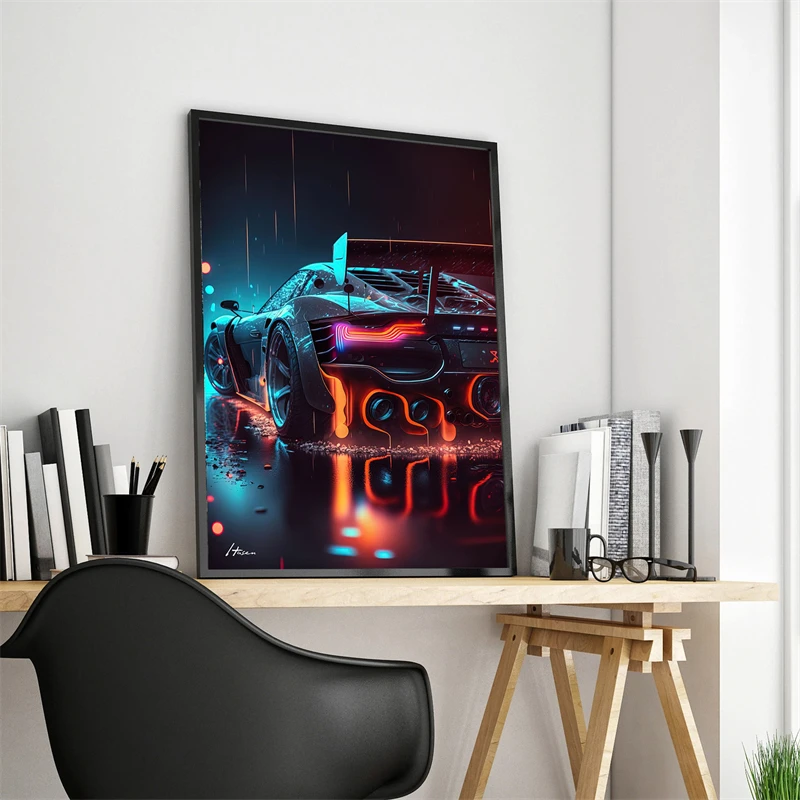 Japan Neon Cyberpunk Animal Car Poster Aesthetics Wolf Super Sports Car Fuji Canvas Painting Wall Art Home Driver Room Decor