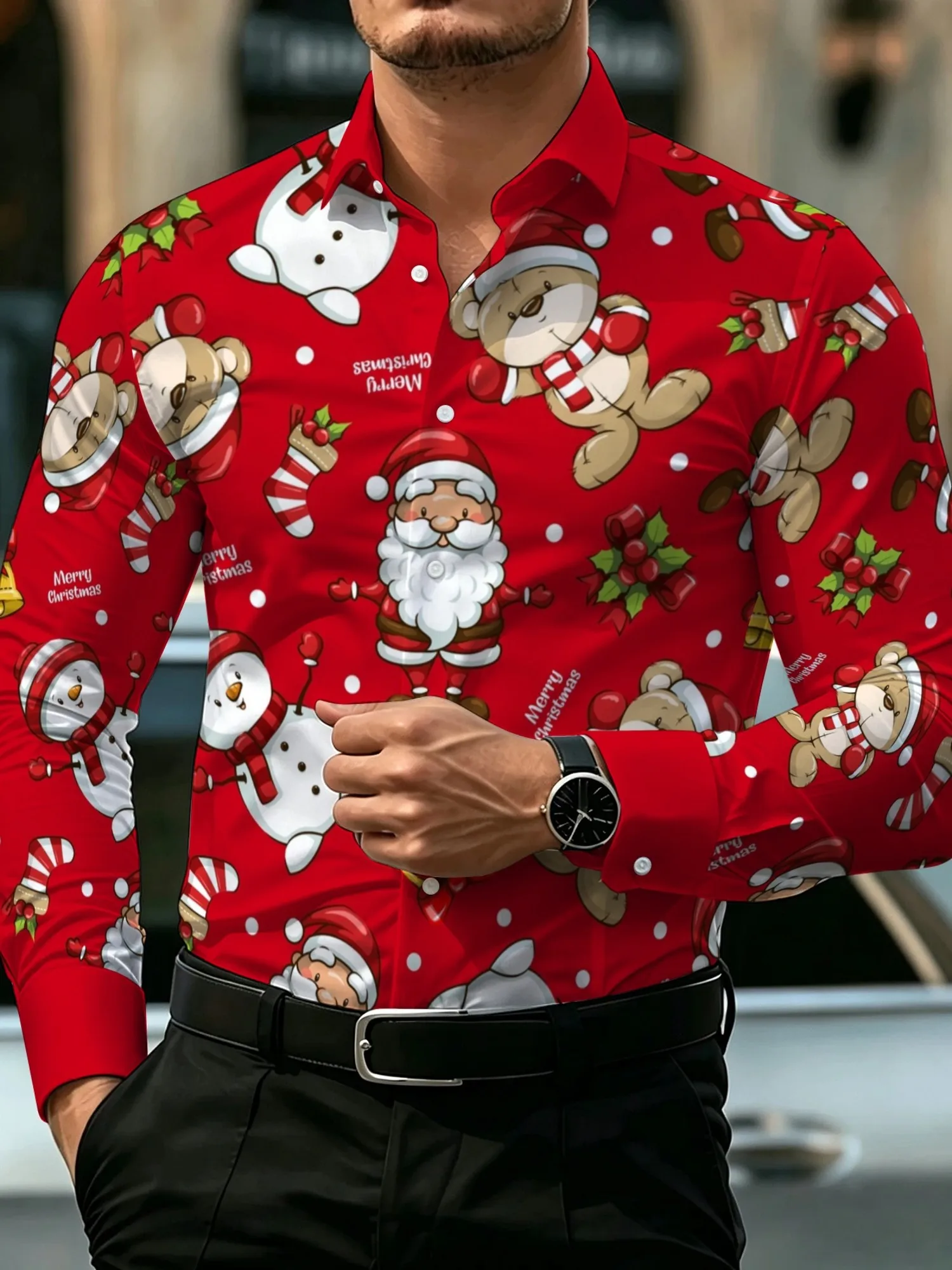2026 New Men Long Sleeve Shirt Christmas Santa Bear Snowman Print Casual Holiday Party Autumn Winter Fashion Men's Clothing