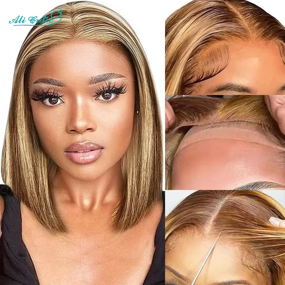 Ali Grace Straight Hair Glueless Bob Wig P6/22Highlight Color Straight Human Hair Wig For Women Pre-Plucked 5X6 Lace Closure Wig