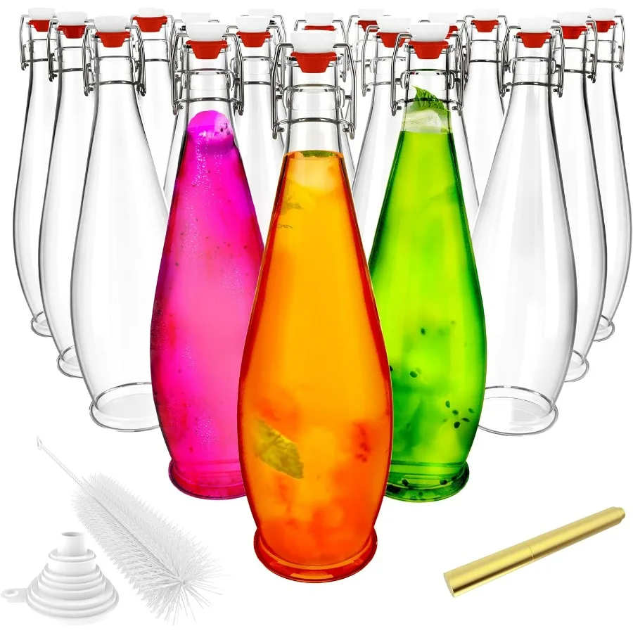 

Стеклянные бутылки с каплевидным верхом, 33 унции, с герметичной крышкой, 18 упаковок, прочная стеклянная бутылка с откидной крышкой и пробкой, воронка, маркер-кисть