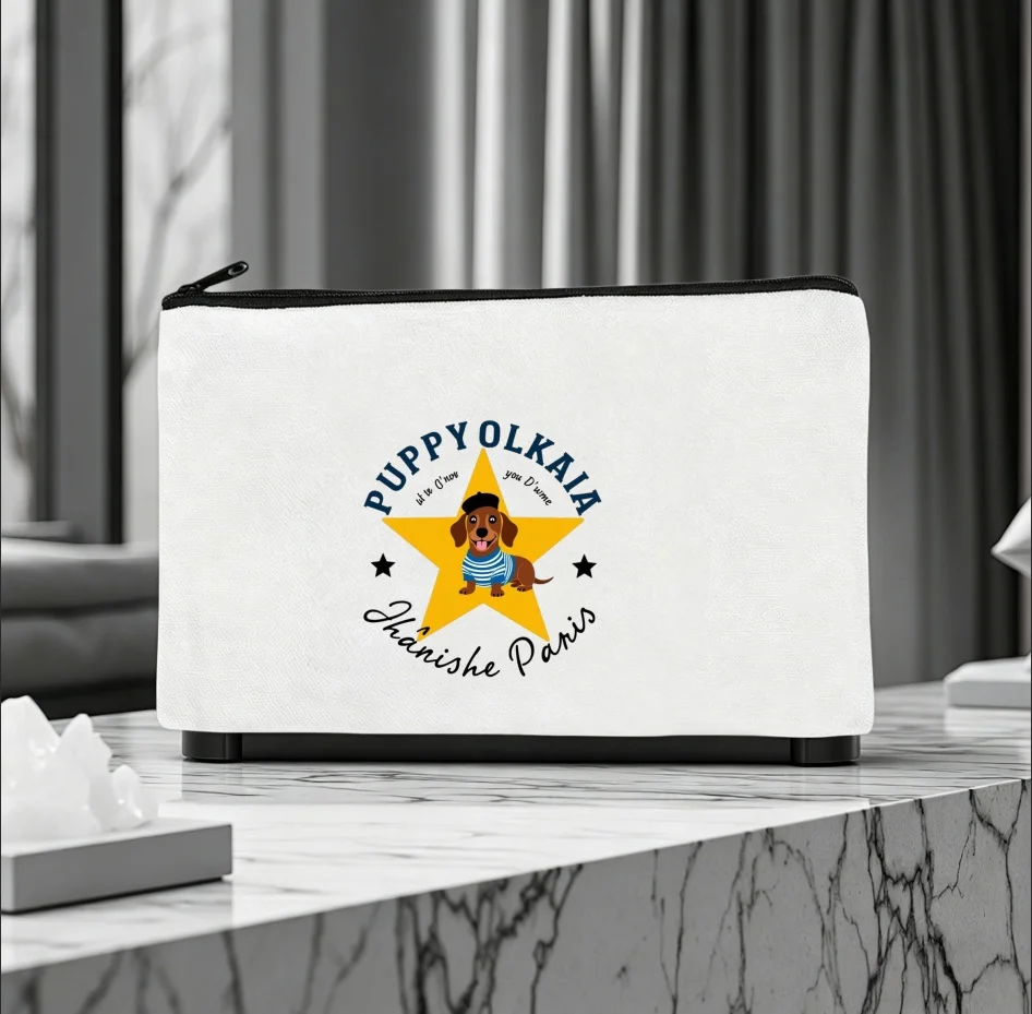 1PC Paris Style Star Dachshund Puppy Letter Print Canvas Cosmetic Bag Portable Zipper Makeup Storage Pouch Dog Lover Gift