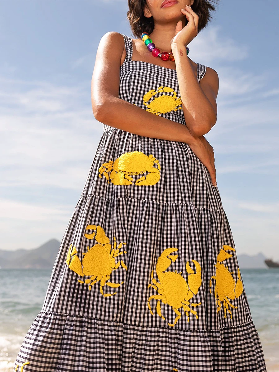 Frauen langes Strand kleid ärmelloses Kleid mit quadratischem Ausschnitt