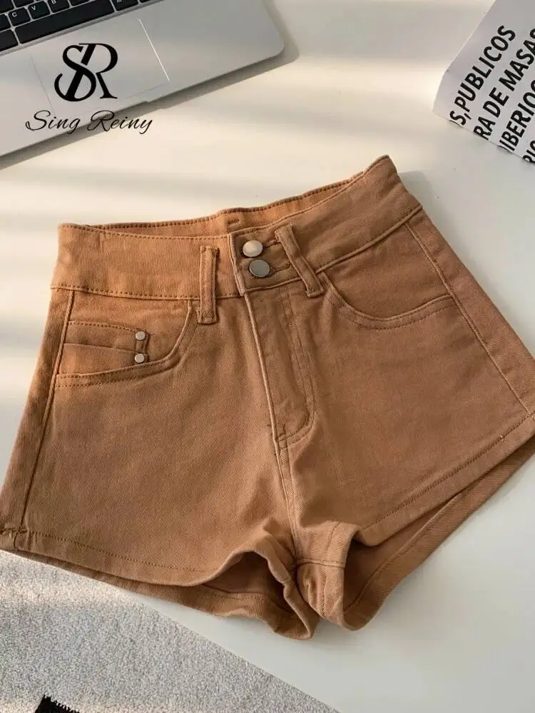 Women Short Denim Bottoms Summer  American Retro Button Design Pockets Streetwear Wide Legs Basics Solid Shorts
