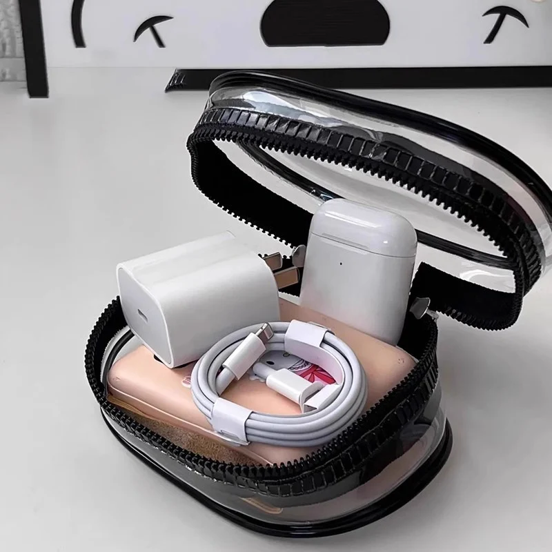 Borse per cosmetici trasparenti in PVC bianco nero Borsa per trucco Organizzatore di gioielli Cavo dati portatile Auricolari Caricatore per monete