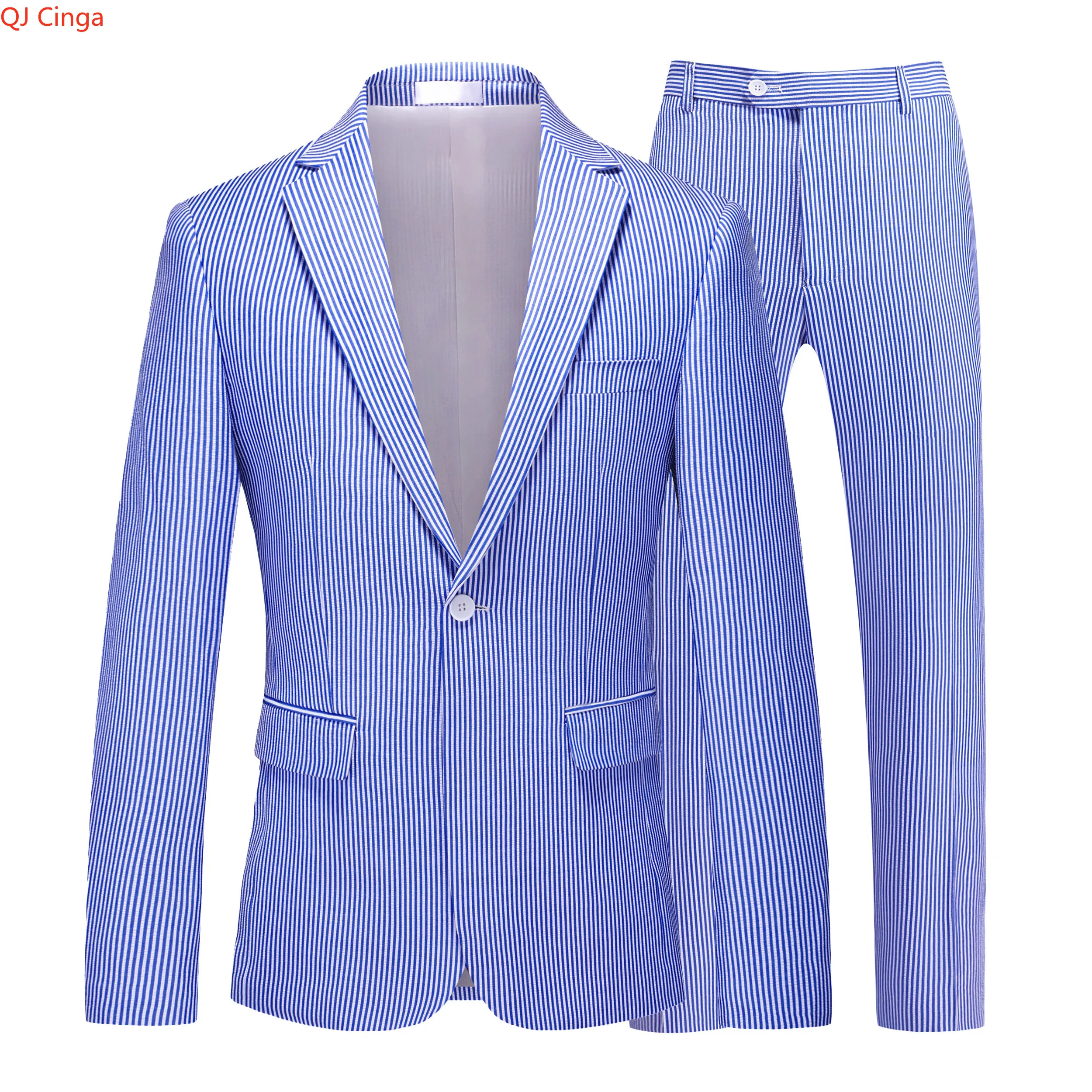 

Новый мужской синий полосатый костюм-двойка 2026 года: легкая, слегка эластичная куртка и брюки в тон.