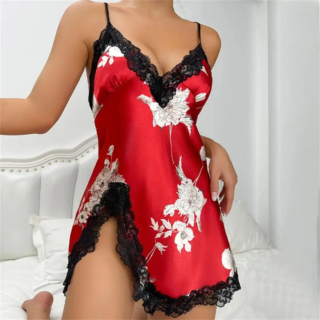 

Women's Sexy Satin Nightgowns Summer Lace Trim Chemise Sleepwear Breathable Camisole Dress for Home Lounge Night Dress Woman