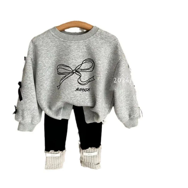 Children\'s Clothing Autumn New Girls\' Fashion Bowknot Sweater Versatile Color Matching Leggings Casual Suit