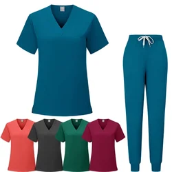 Nurse Uniforms Woman Short Sleeve V Neck Top Scrubs Jogger Pants Medical Scrubs Set Women Summer Casual Uniformes Clinicos Mujer